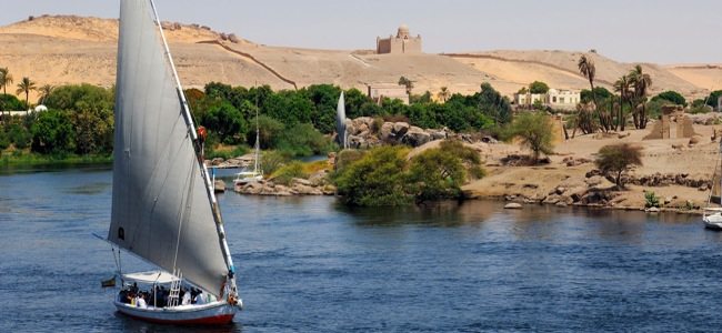 An ancient egyptian sailboat on the nile river