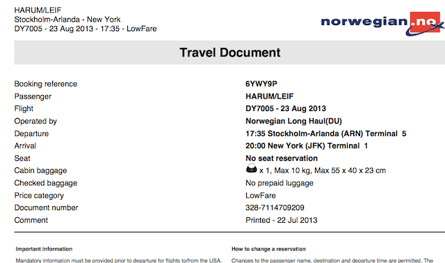 Original official travel document from Norwegian Air